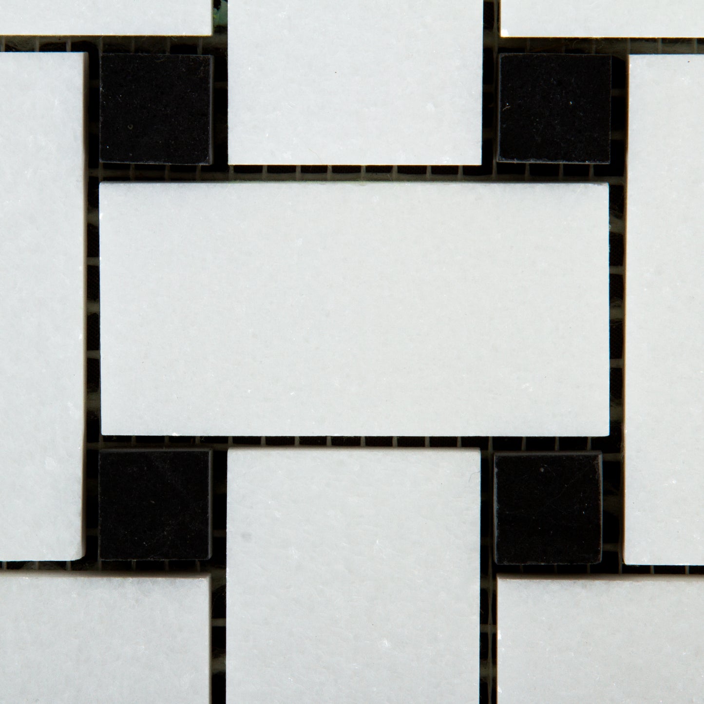 Large Basketweave Thassos Mosaic Polished with Black Accent 2 5/8'' x 1 1/4'' x 3/8