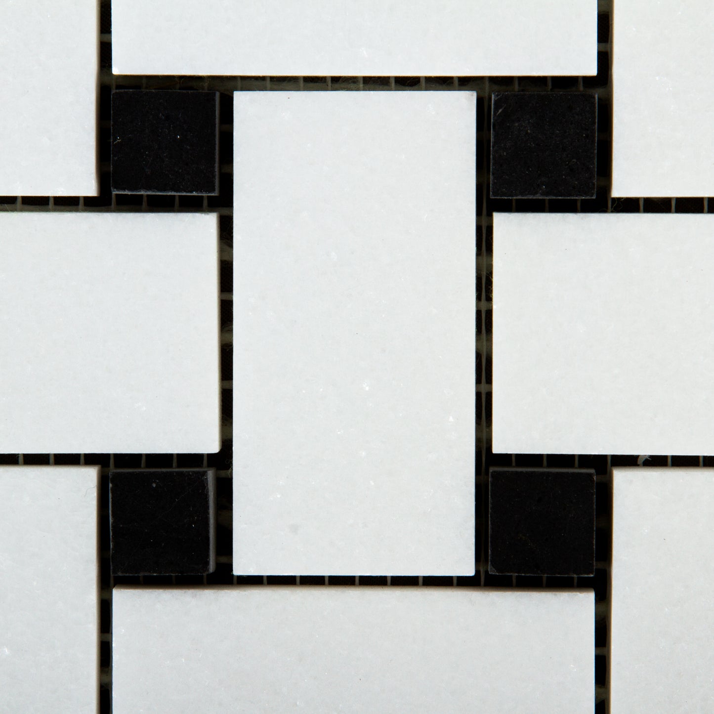 Large Basketweave Thassos Mosaic Polished with Black Accent 2 5/8'' x 1 1/4'' x 3/8