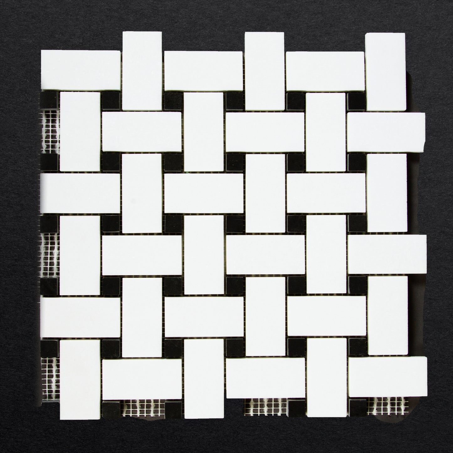 Large Basketweave Thassos Mosaic Polished with Black Accent 2 5/8'' x 1 1/4'' x 3/8
