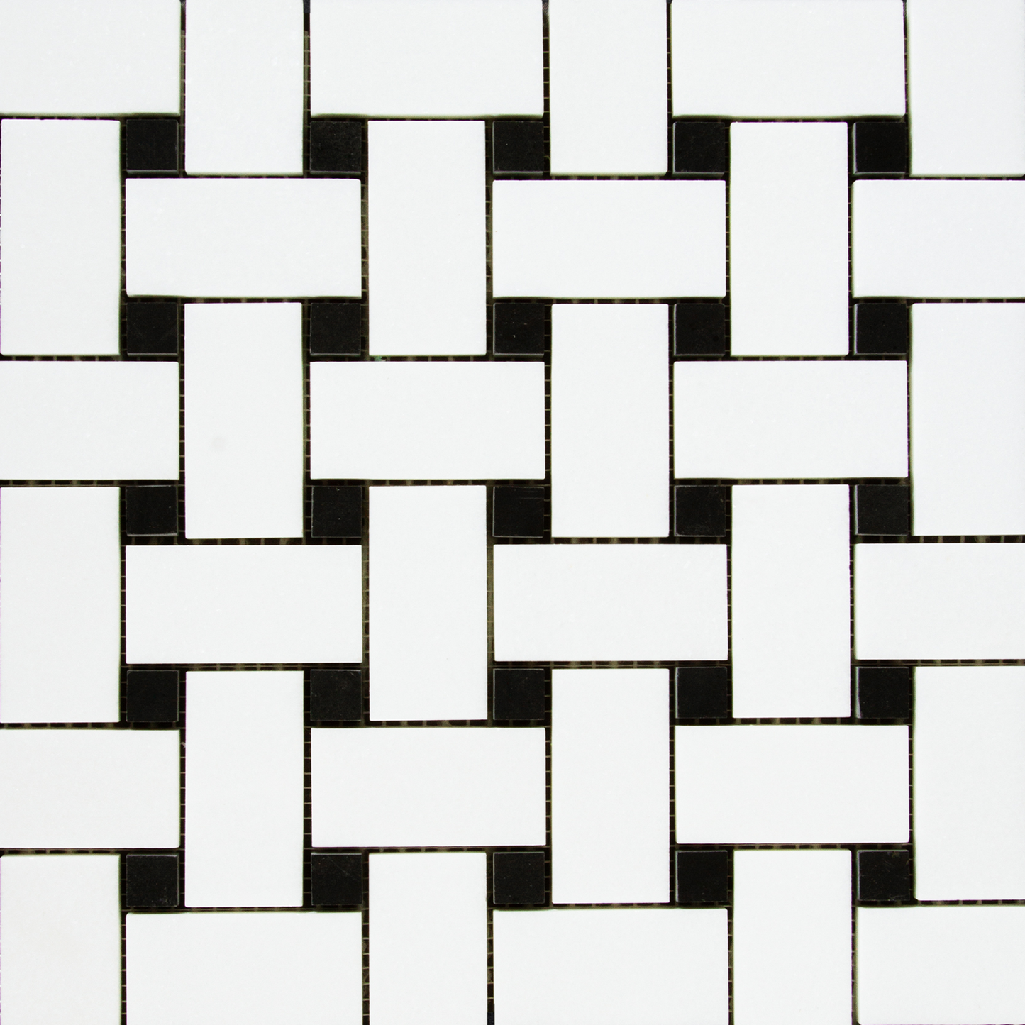 Large Basketweave Thassos Mosaic Polished with Black Accent 2 5/8'' x 1 1/4'' x 3/8