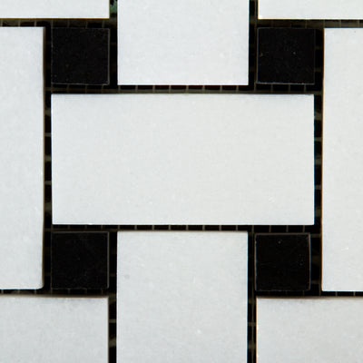 Large Basketweave Thassos Mosaic Polished with Black Accent 2 5/8'' x 1 1/4'' x 3/8