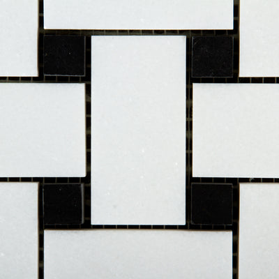 Large Basketweave Thassos Mosaic Polished with Black Accent 2 5/8'' x 1 1/4'' x 3/8