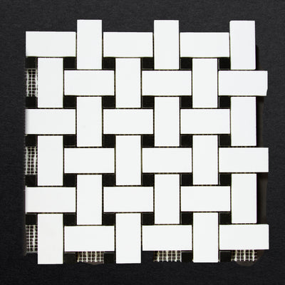 Large Basketweave Thassos Mosaic Polished with Black Accent 2 5/8'' x 1 1/4'' x 3/8