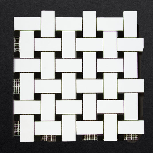 Large Basketweave Thassos Mosaic Polished with Black Accent