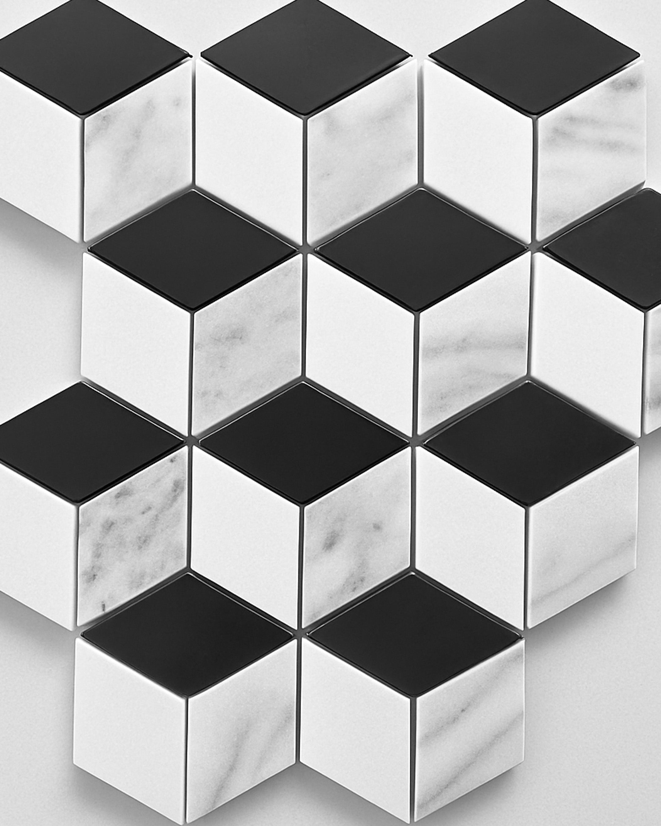 Mosaic Cube Tile with Thassos, Black & Semi-White – 3D Marble Design ...